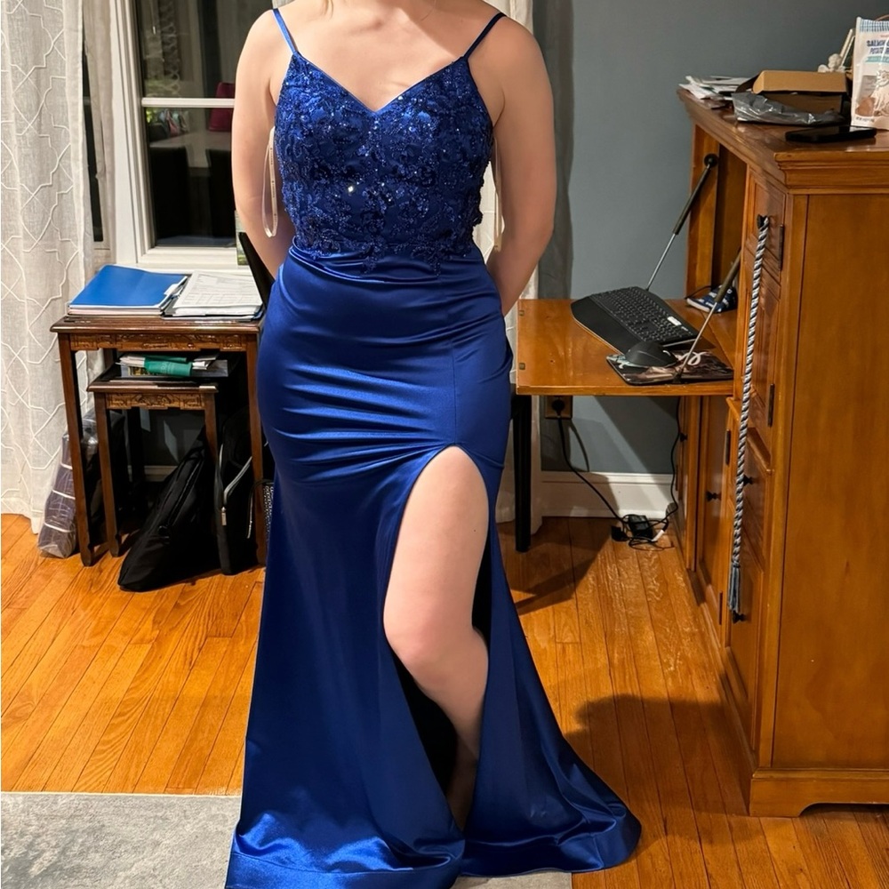 Faviana Royal Blue Prom Dress with Lace Bodice